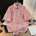 Short Sleeve Shirt Men Japanese Retro Summer New Casual Loose Solid Plaid Coats Popular Versatile Seersucker Ice Silk Tops