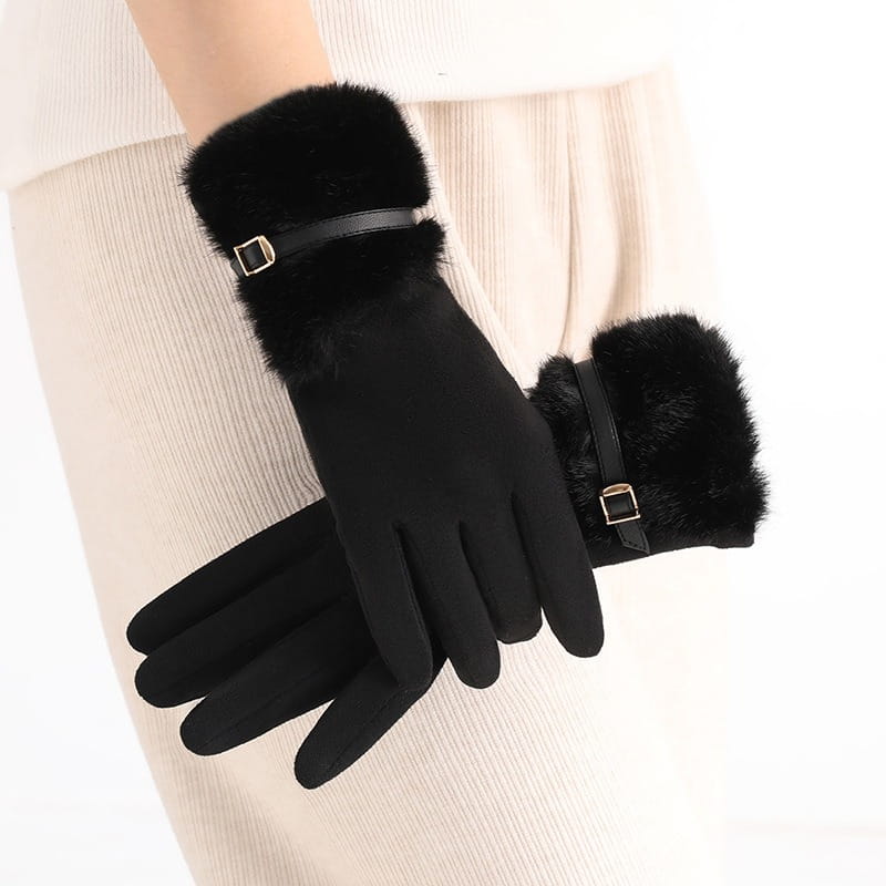 black faux fur-lined women’s touchscreen winter gloves with a sleek matte finish and adjustable strap closures shown from the back side