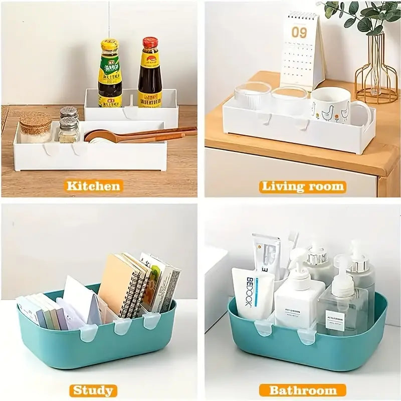 adjustable refrigerator space divider made of white plastic featuring multi-compartment storage with integrated handles and adjustable dividers for organizing kitchen living room study or bathroom.