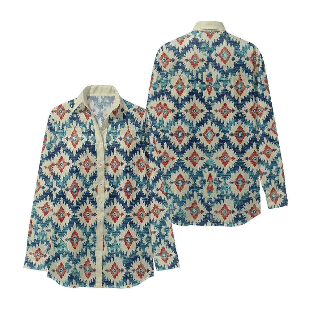 Ethnic-Inspired Long-Sleeve Women Shirt with Aztec Geometric Pattern Printed Front 2 Pockets Button-Up Retro Tribal Casual Style