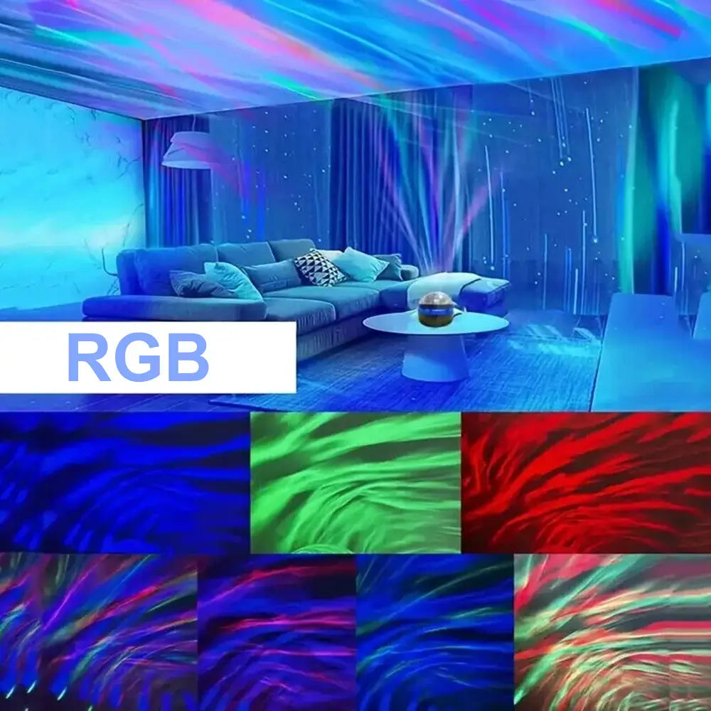 Projecteur lumineux de ciel étoilé avec projecteur de plafond à changement de couleurs RVB et motifs lumineux tourbillonnants de type aurore, en tons bleu, vert, rouge et pourpre, pour des veilleuses.