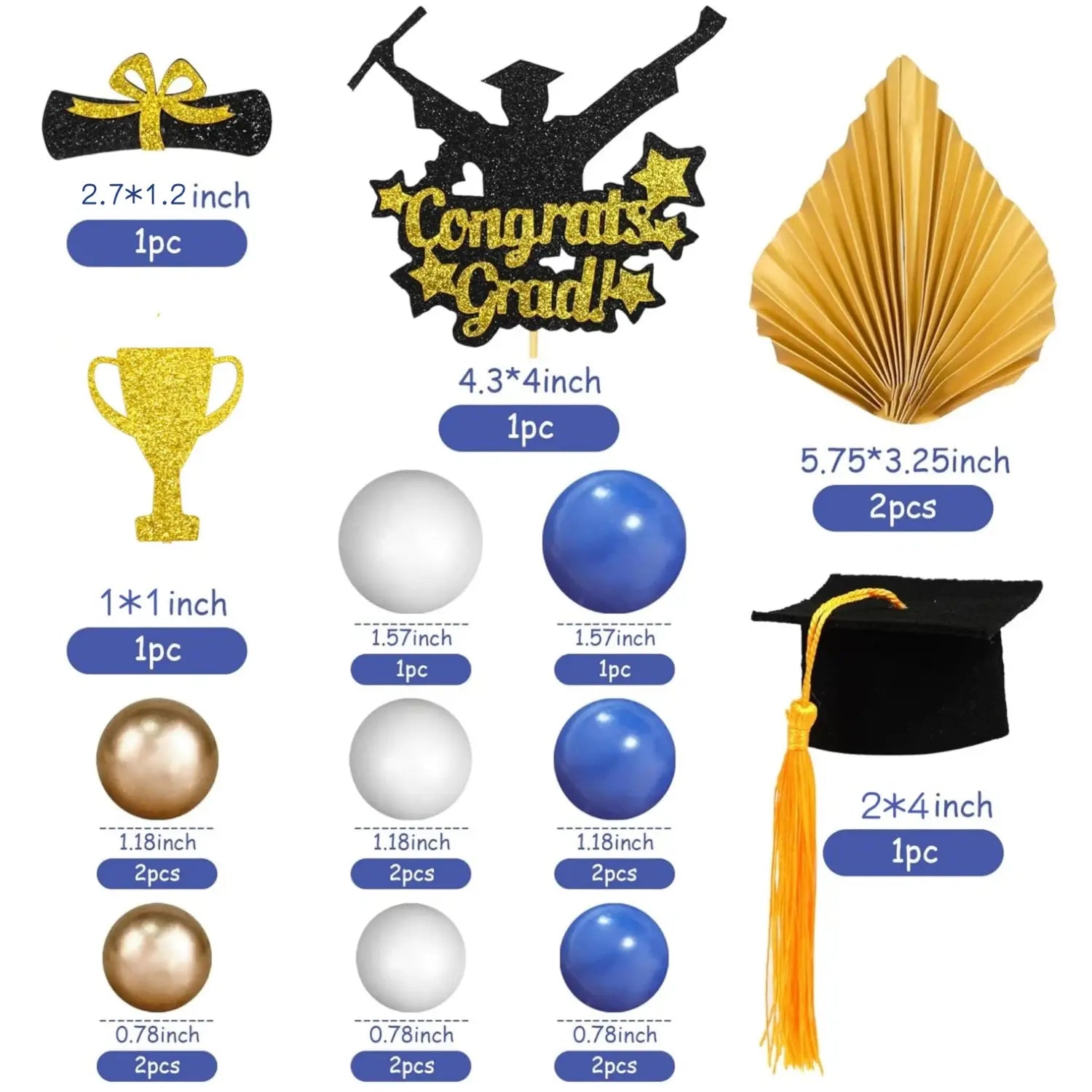 Gold glitter graduation cap cake topper with a yellow tassel for 2026 senior party decoration.
