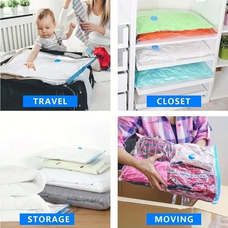 sacs de rangement sous vide en plastique transparent avec embouts de valve bleus utilisés pour le rangement des vêtements, des vêtements de bébé et du linge de lit, pour organiser lors des déplacements, du rangement dans le placard et des déménagements