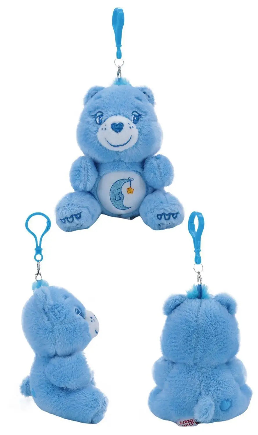 A soft blue plush Care Bears plush bag pendant keychain toy with a white belly patch featuring a crescent moon and star attached to a matching blue clip.