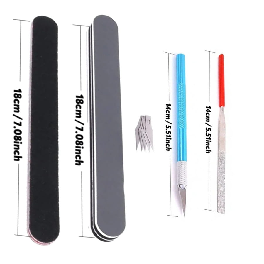 Model tool set for hobby craft assembly featuring precision craft tools including black and gray sanding blocks, a blue-handled utility knife with silver blade, and a red-handled file.