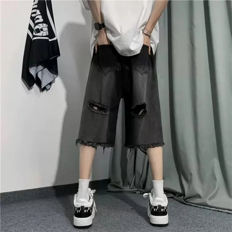 Men's Jeans Ripped Denim Man Pants Cropped Pants Casual Summer Vintage Streetwear Wide Leg Stylish
