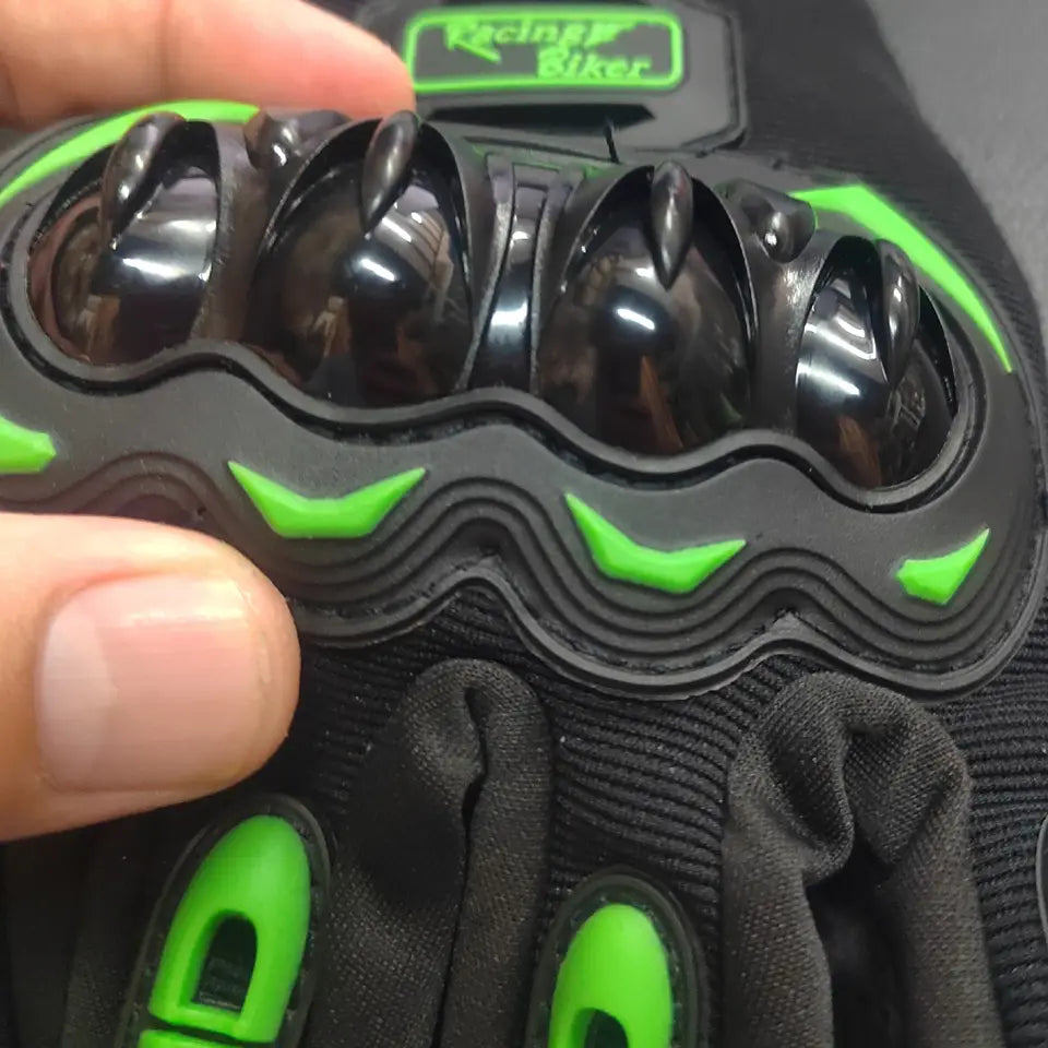 Black and neon green motorcycle racing glove back side with breathable material and reinforced textured knuckle guard for protective gear use.