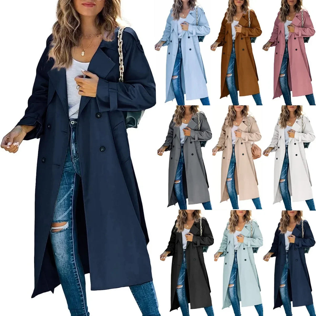 Trench Women Coats Mid Length Coat Turn Down Collar Full Sleeve Double Breasted Elegant Splice Lace Up Jackets Autumn 2024