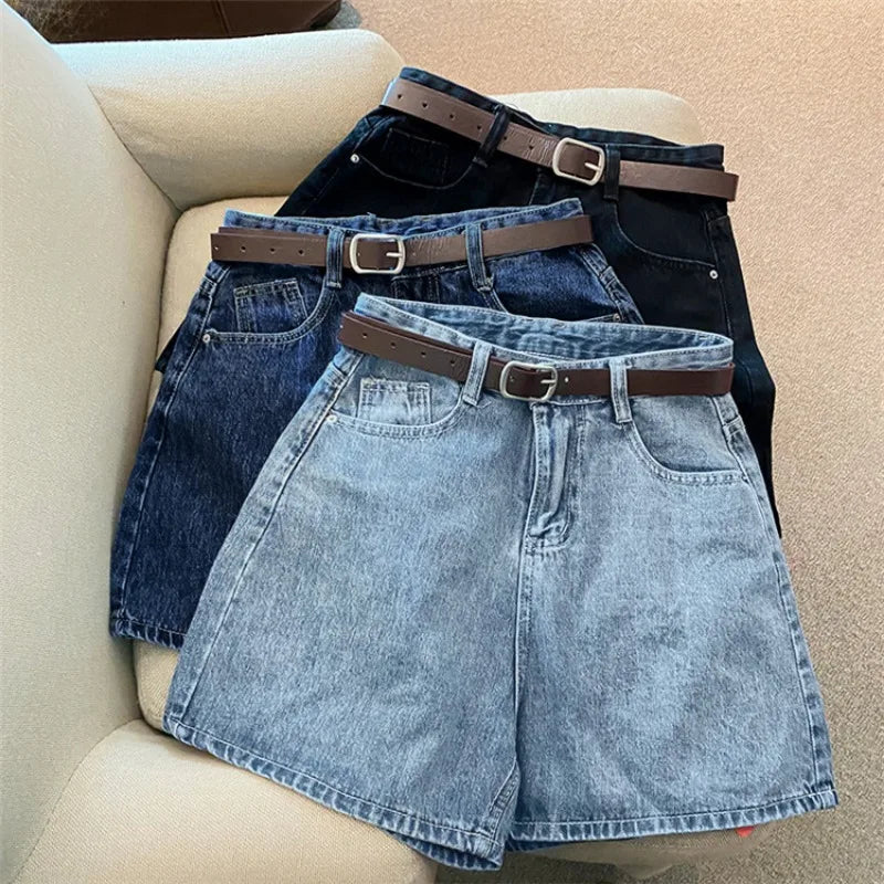 Women High Waist Denim Shorts Summer Chic Streetwear Female Casual Wide Leg Short Pants Solid Color Lady Loose Straight Shorts