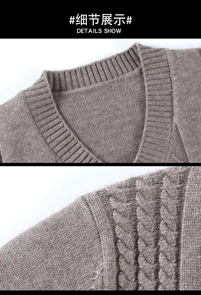 Grauer Herren-V-Ausschnitt-Strickpullover mit Zopfstrickmuster am Ärmel, entworfen als lässiger Winterpullover.