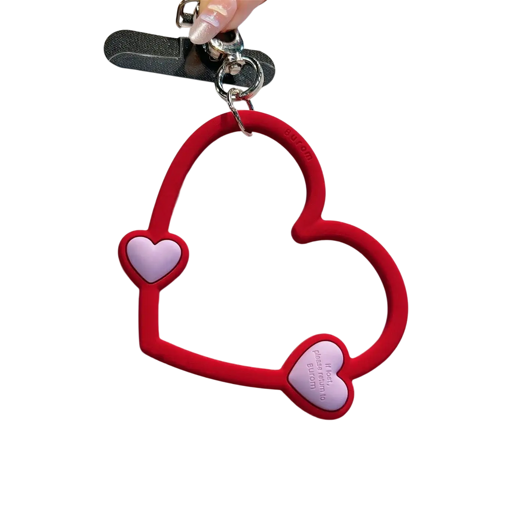 Red silicone heart phone wrist strap with two lavender heart accents, shown from the front for ins phone wrist use