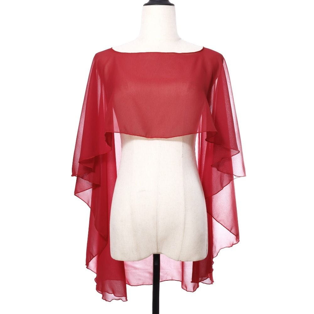 Rote transparente Chiffon-Hochzeitscape mit mehrlagigen, fließenden Ärmeln und hoher-niedriger Saumlinie, entworfen als Sonnenschutz-Wickelshawl