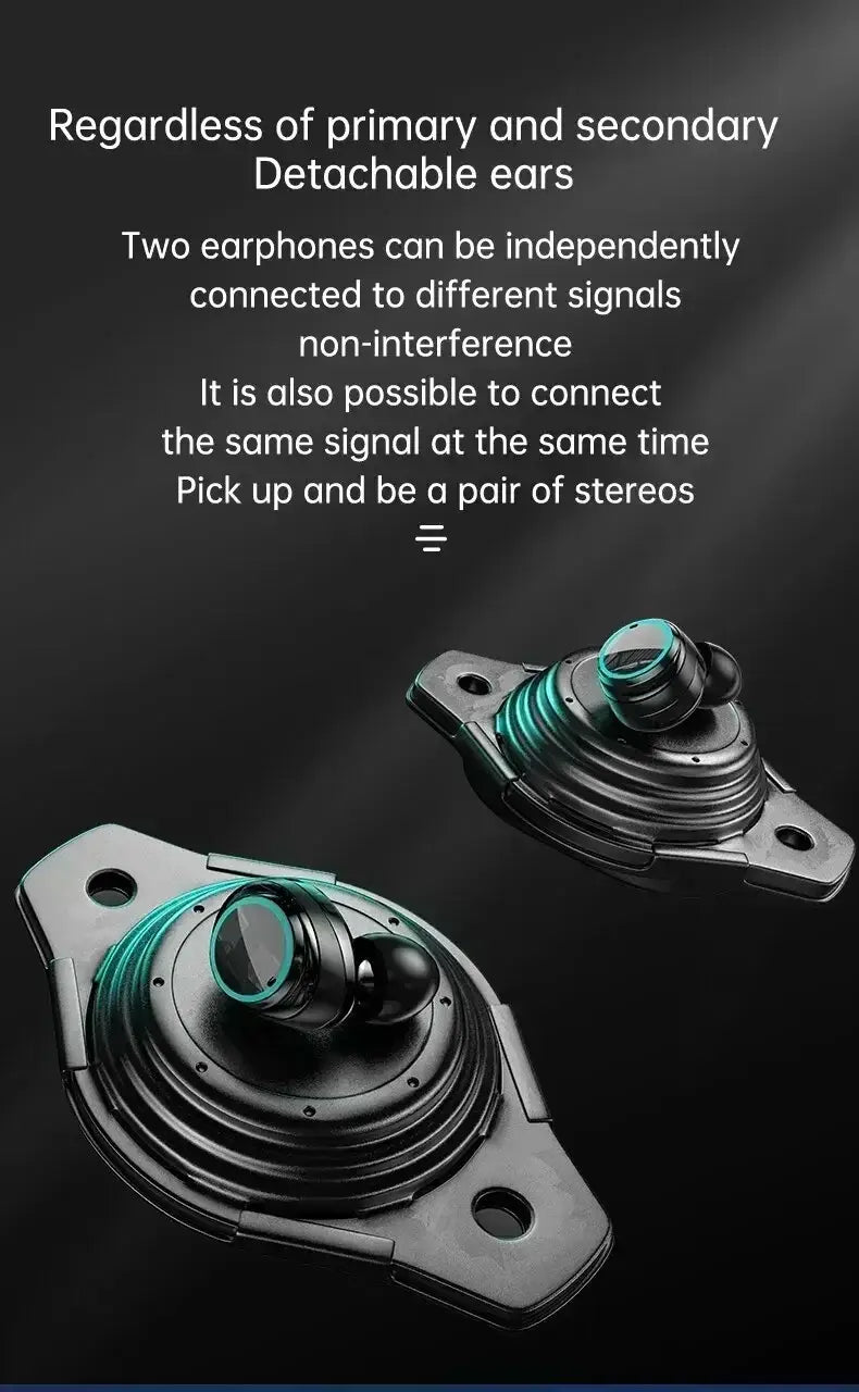 Auriculares inalámbricos Bluetooth 5.3 en negro y teal con diseño desmontable y conectable de forma independiente para uso estéreo, y estuche de carga con tapa tipo compuerta y controles táctiles por huella digital