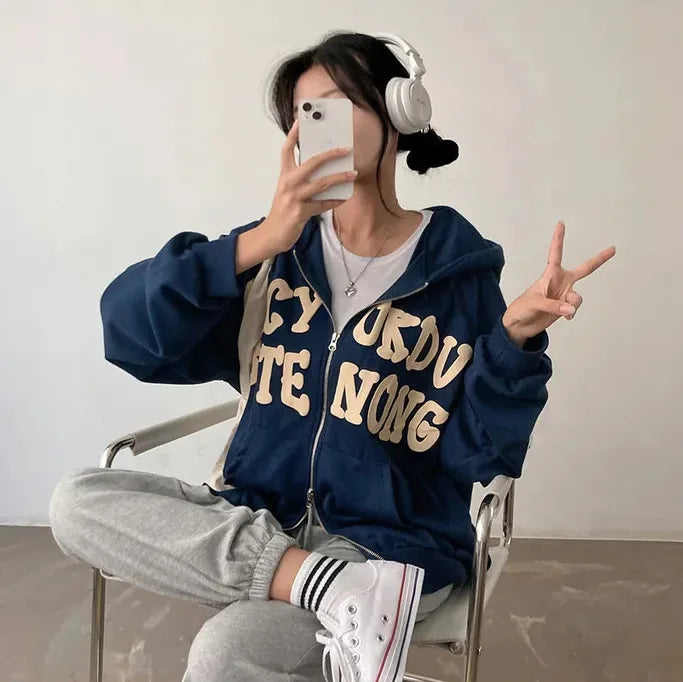Women Sweatshirt Hoodie Clothes Y2k 2025 Fall New Hoodies Women High Street Harajuku Retro Hip Hop Zip Up Hoodie Loose Hoodie