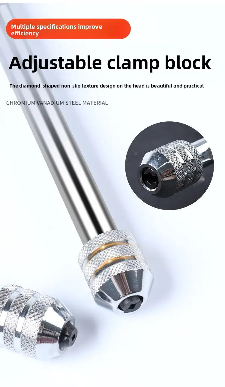 Adjustable clamp block with diamond-shaped non-slip texture on the head made of chromium vanadium steel in a tap and die set thread cutting tool kit.