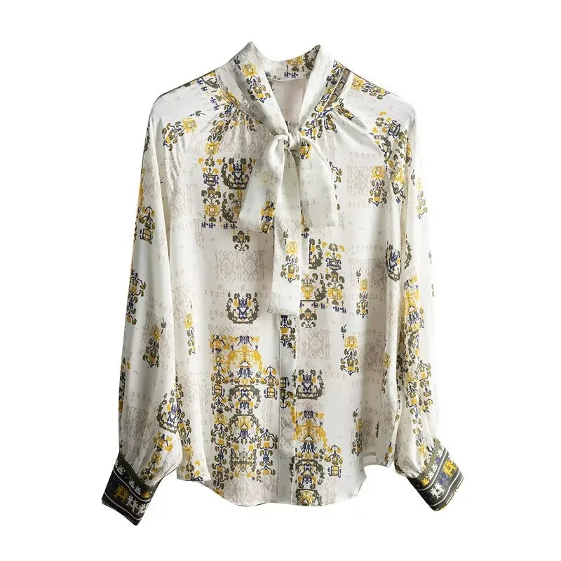 Women's Chiffon Blouses And Shirt Summer Tops Elegant Bow-tie Long Sleeve Casual Blouse Elegant OL Workwear Vintage Print Blusas