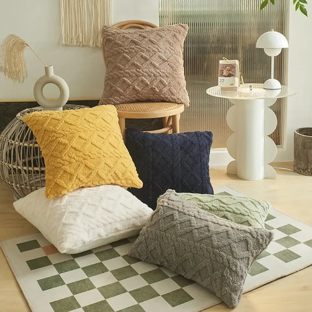 a cozy plush geometric throw pillow cover in mustard yellow with a textured diamond-patterned knit design measuring 45x45cm