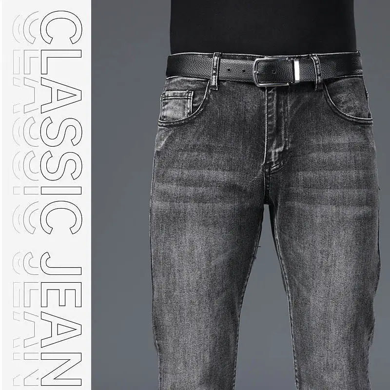 Mens micro flared denim jeans in dark wash with a classic fit paired with a black leather belt featuring a silver toned buckle for casual wear