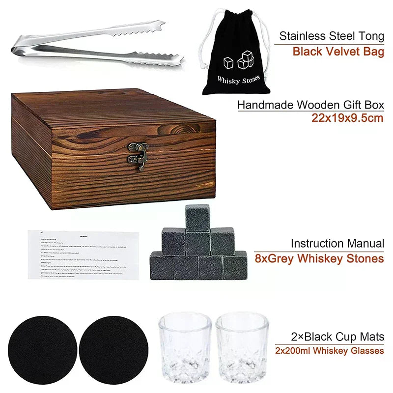 Father'S Day Gift For Men Whiskey Stones Set 8 Pcs Granite Ice Cubes+ 2 Pcs Cups For Whisky In Wooden Bottle Box Present For Dad