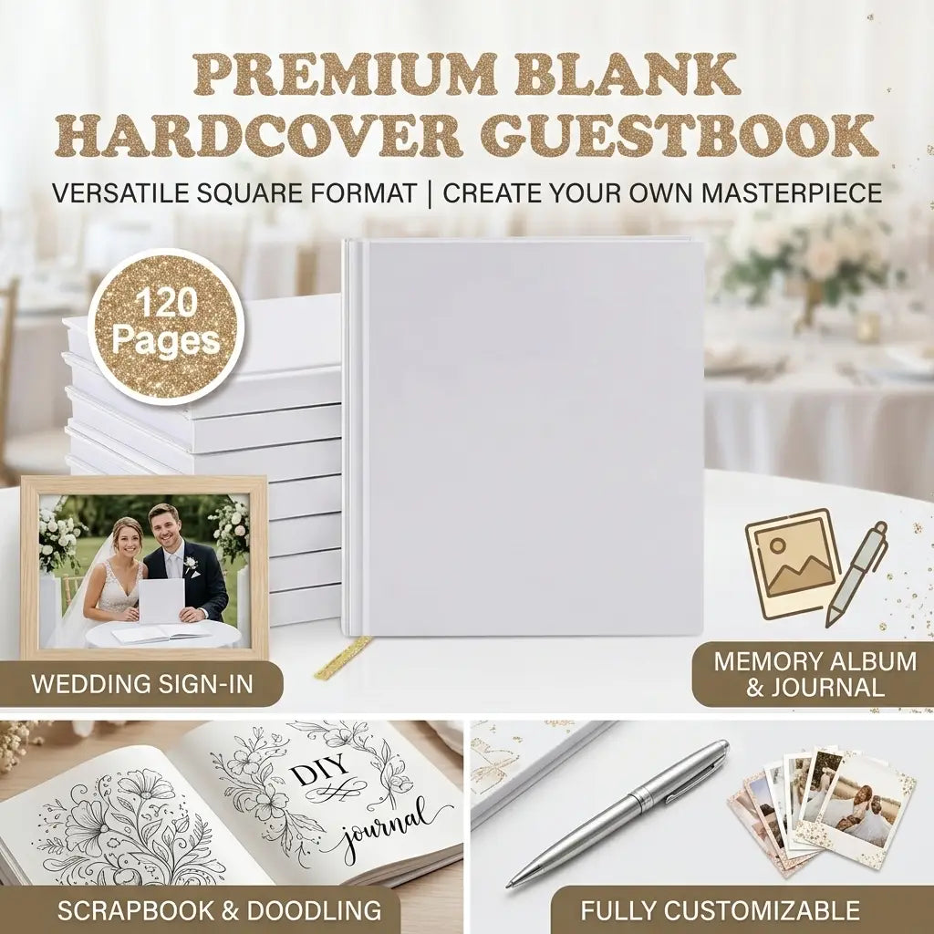 Un livre d’invités de mariage blanc à couverture rigide au design minimaliste, finition lisse et reliure rehaussée d’or, conçu comme album-souvenir vierge.