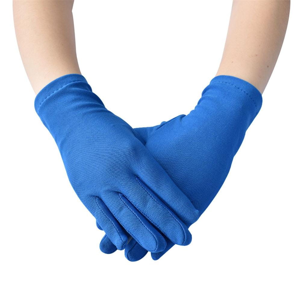 Ein Paar kräftiger königsblauer einfarbiger Handschuhe aus Milchseide mit langen Fingern, aus glattem Stoff gefertigt, mit ordentlich vernähten Bündchen.