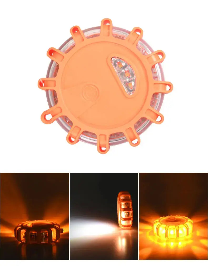 Orange circular magnetic led roadside emergency strobe light with a translucent plastic body and multiple light-emitting diodes arranged around its perimeter.