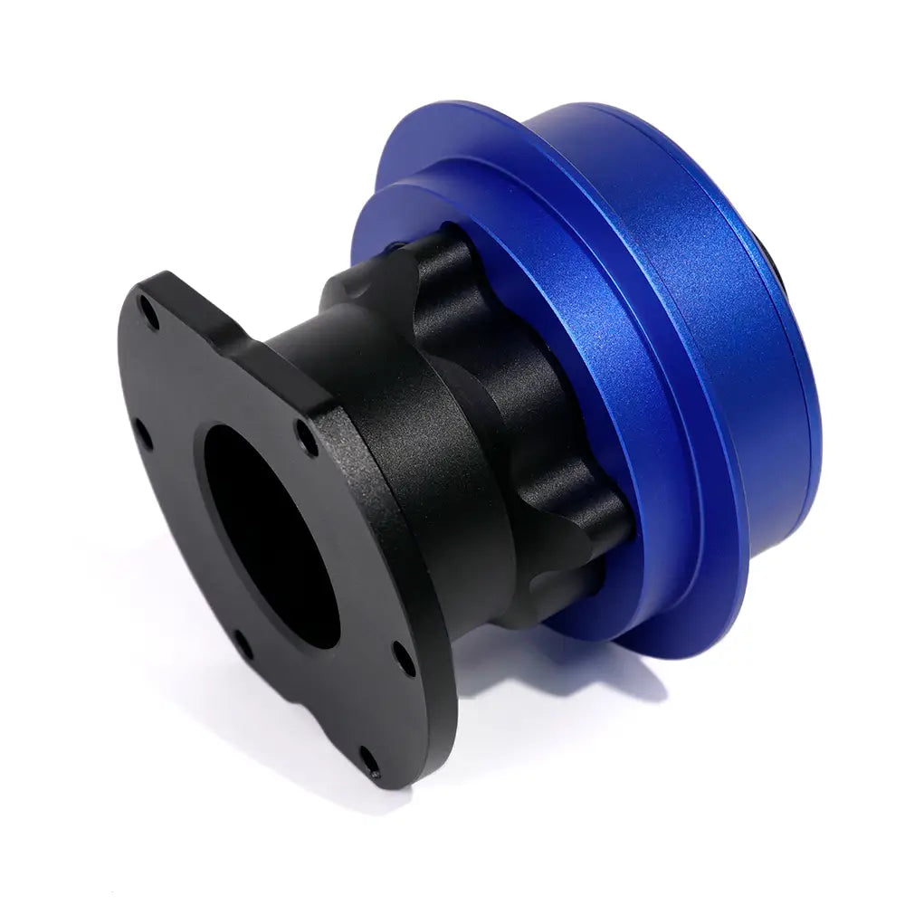 Adaptador de cubo de volante de liberación rápida Fanatec qr2 en metalizado azul y negro con placa de montaje con brida.