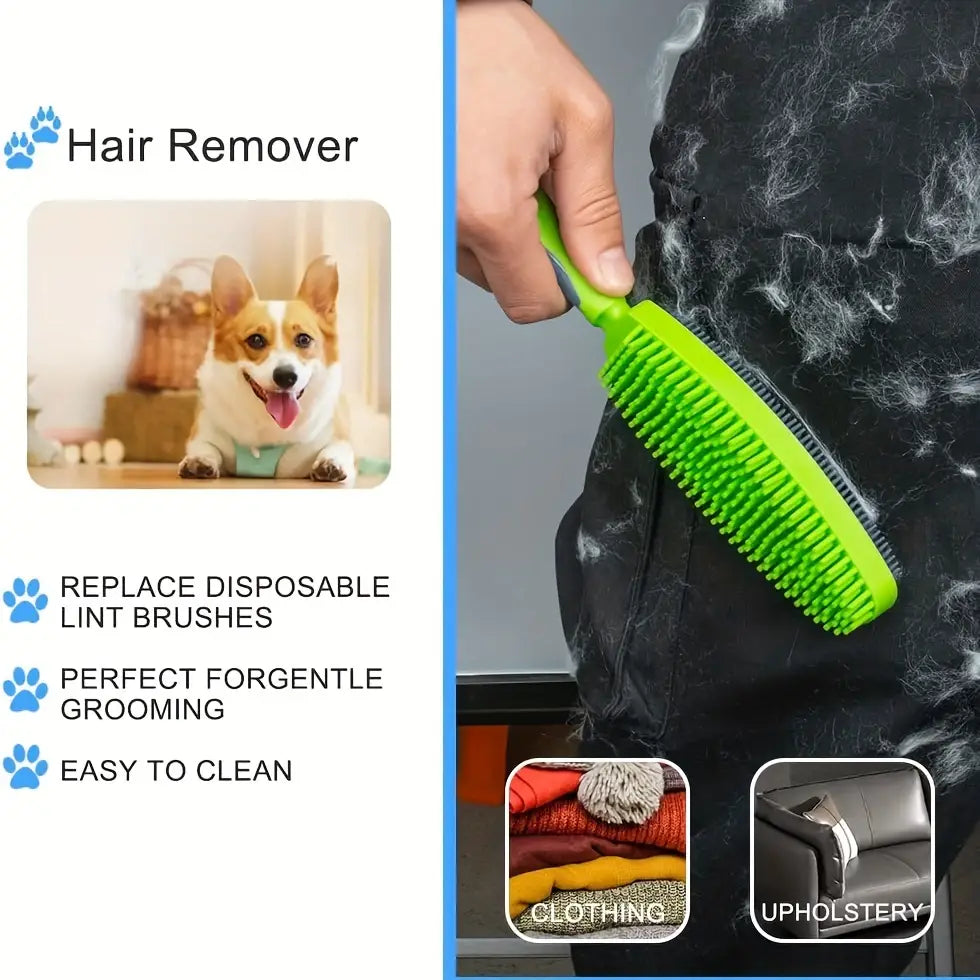 Bright green silicone pet hair remover brush with dense bristles for gentle grooming.