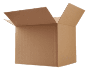 a plain brown cardboard box with flaps open next to a modern l shaped computer desk with bookshelf in wooden finish