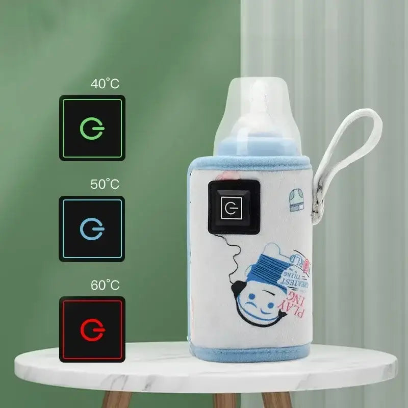 USB-Tragetasche für Babyflaschenwärmer aus weißem und hellblauem isolierendem Material mit Karikaturmotiv und schwarzem Bedienfeld für Temperatureinstellungen.