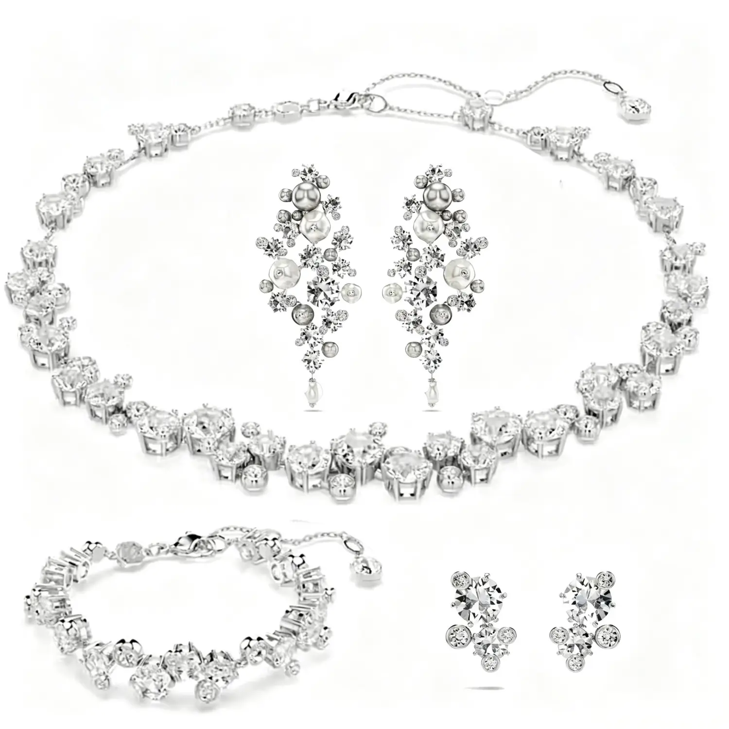 Juego de joyería de novia con cristales y perlas en tono plateado, que incluye un collar llamativo, pendientes a juego, una pulsera y pendientes tipo botón con diseños intrincados.