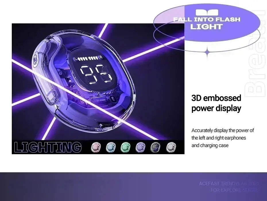 reloj digital ovalado transparente con pantalla LED morada luminosa que muestra 95 segundos y circuitería iluminada en su interior, junto con audífonos inalámbricos con estuche de carga digital