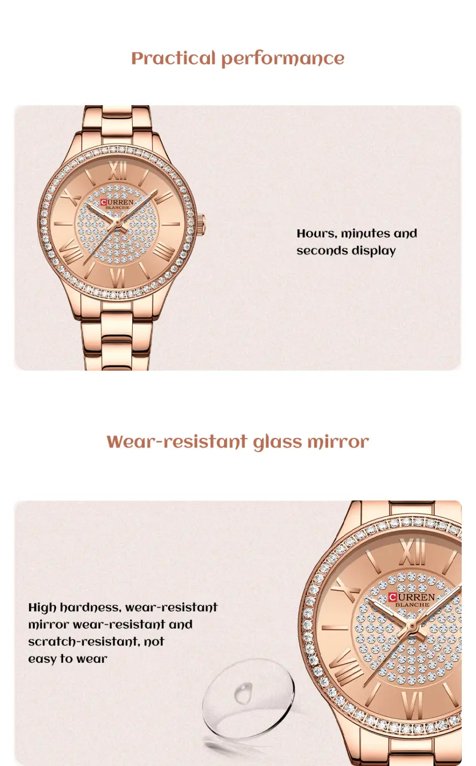 Rose gold Curren women stainless steel crystal quartz watch with a diamond-studded dial and roman numeral markers.