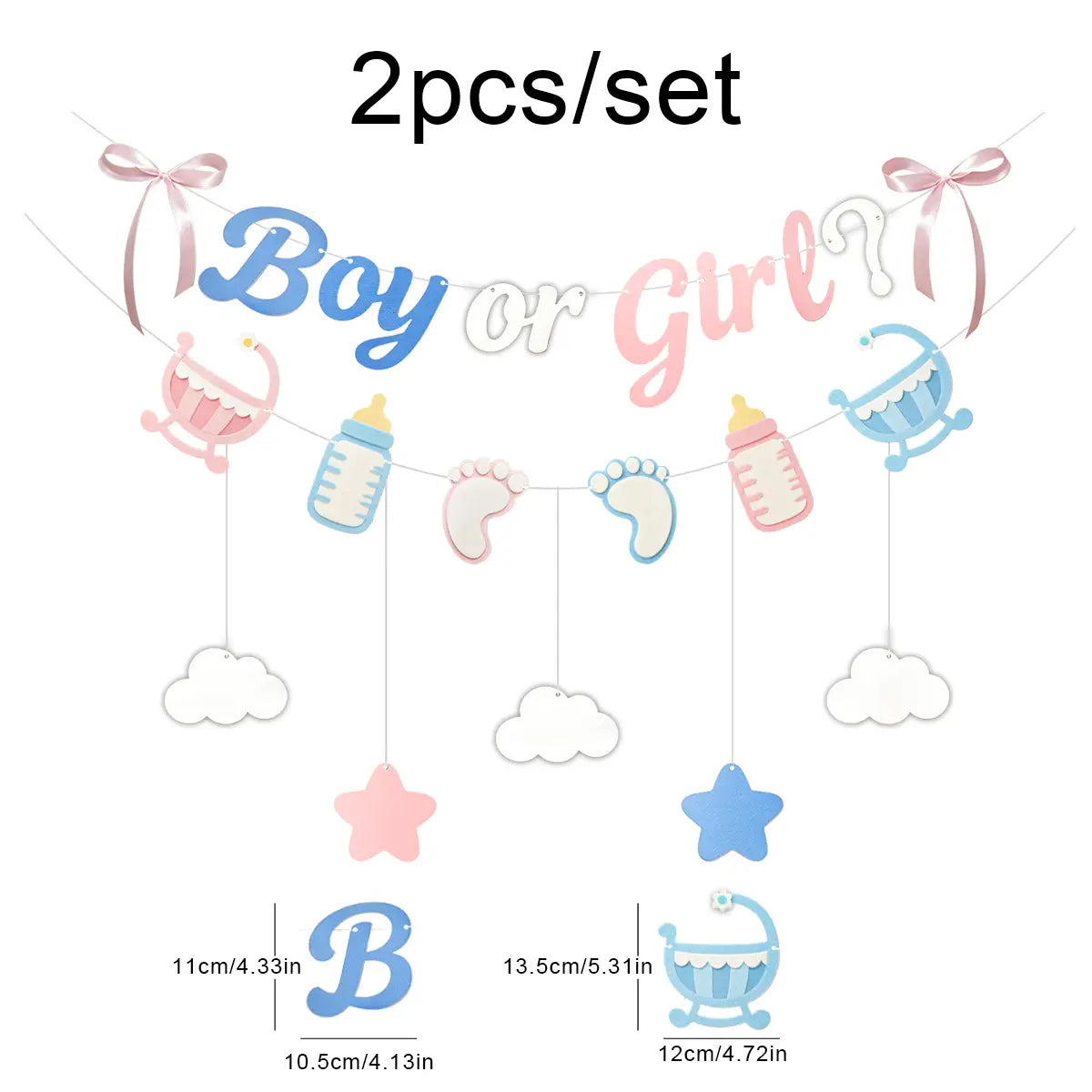 pastel blue and pink baby gender reveal bunting banner with cutout letters bottles footprints and clouds for baby shower party decoration