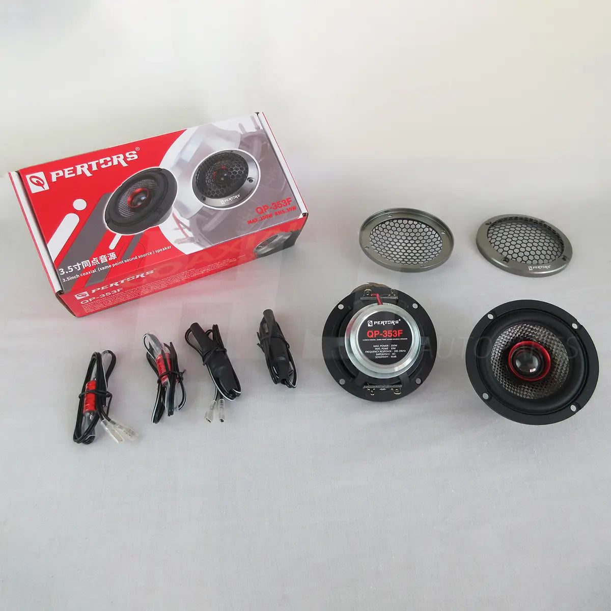 Black and red pertors op-353f 3.5-inch coaxial car speakers with silver mesh grilles for 200w sound performance