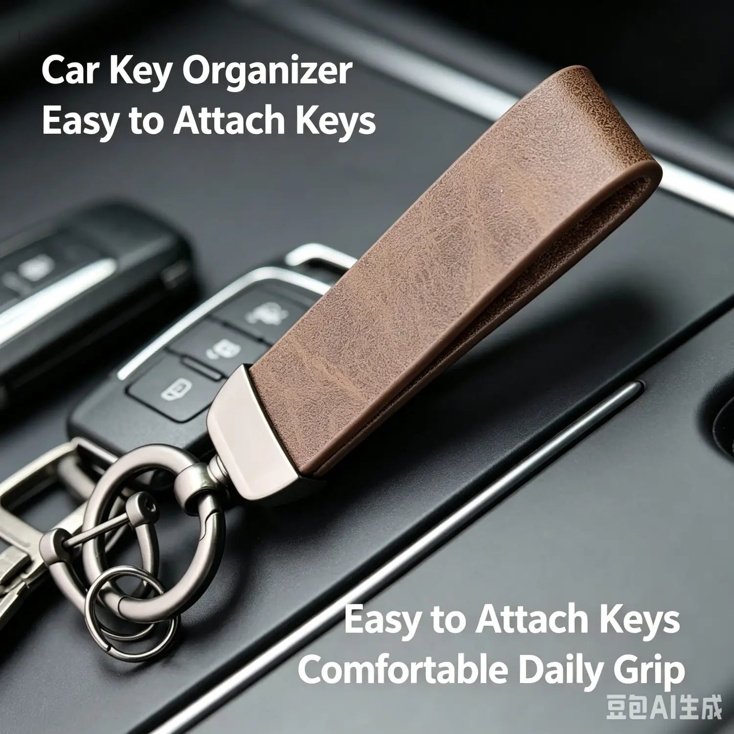 brown leather car key organizer with a silver metal clasp and ring for a custom logo car keychain personalized metal leather ring