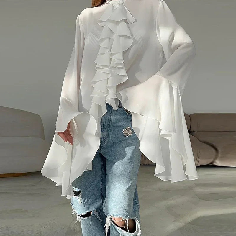 Women's Elegant Ruffle Single Breasted Shirts Casual O-Neck Sleeve Blouses Fashion Lady Temperamentigan Shirts Tops for Spring