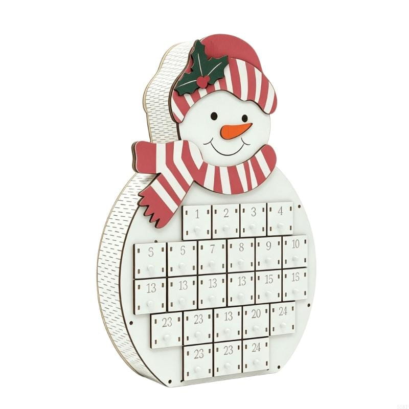 Weihnachtlicher Adventskalender aus Holz in Form eines weißen Holz-Schneemanns mit rotem und weiß gestreiftem Hut, Schal, grünem Ilex-Akzent und LED-Schubladen.