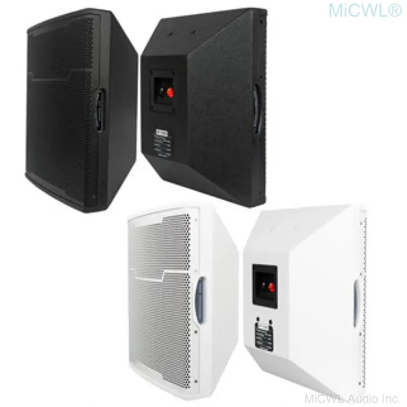 micwl 10 inch wall mounted conference speakers in black and white with sleek angular design perforated grilles and integrated handles.