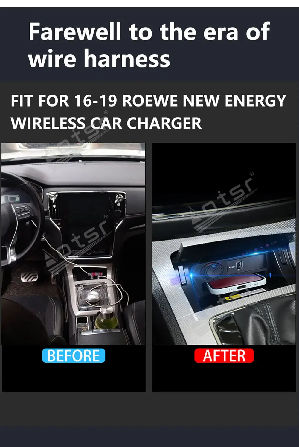 Kabelloses Autoladegerät für Roewe New Energy 2016 bis 2019 mit einem eleganten schwarzen und silbernen Design und einem modernen, minimalistischen Erscheinungsbild.