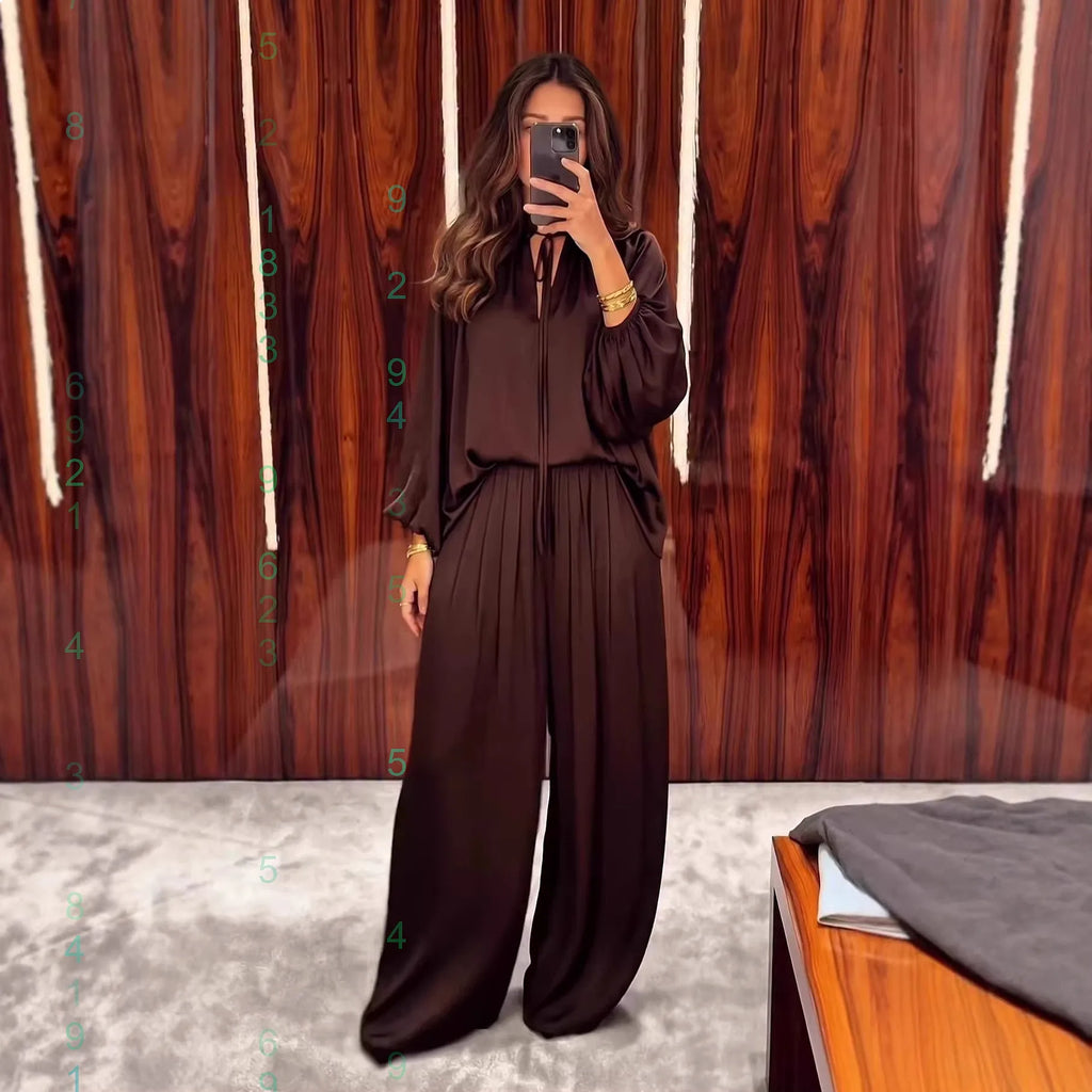 Fashion Women's Matching Set V Neck Tie Front Loose Long Sleeve Tops Pants 2 Piece Outfits Spring Summer