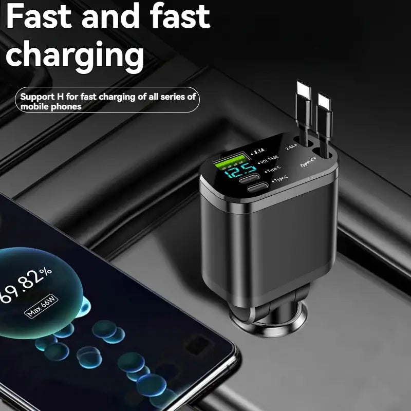 Black rectangular 5-in-1 fast retractable car charger with two type-c ports and a digital display showing charging status.