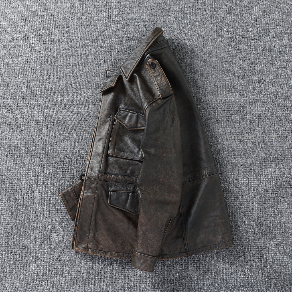 Classic M43 Trench Coat Cowhide Military Genuine Leather Jacket Medium and Long Multi-pocket Mens Vintage Leather Jacket