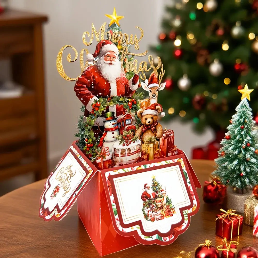 赤い台紙の3Dサンタクロースのクリスマス飛び出す（ポップアップ）グリーティングカードで、サンタクロース、トナカイ、テディベア、雪だるま、ならびに華やかな装飾があしらわれています。