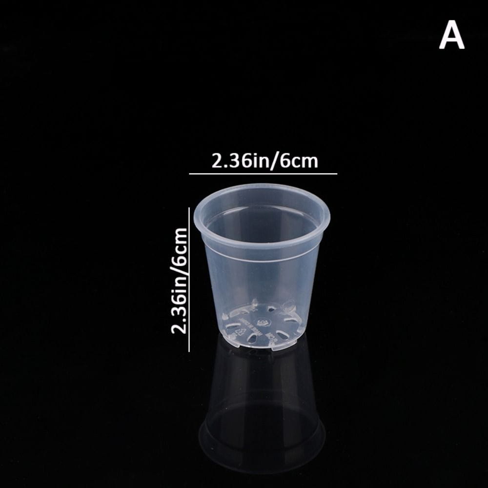 Maceta transparente de vivero de plástico con borde ligeramente abierto hacia afuera y base perforada para un drenaje óptimo.