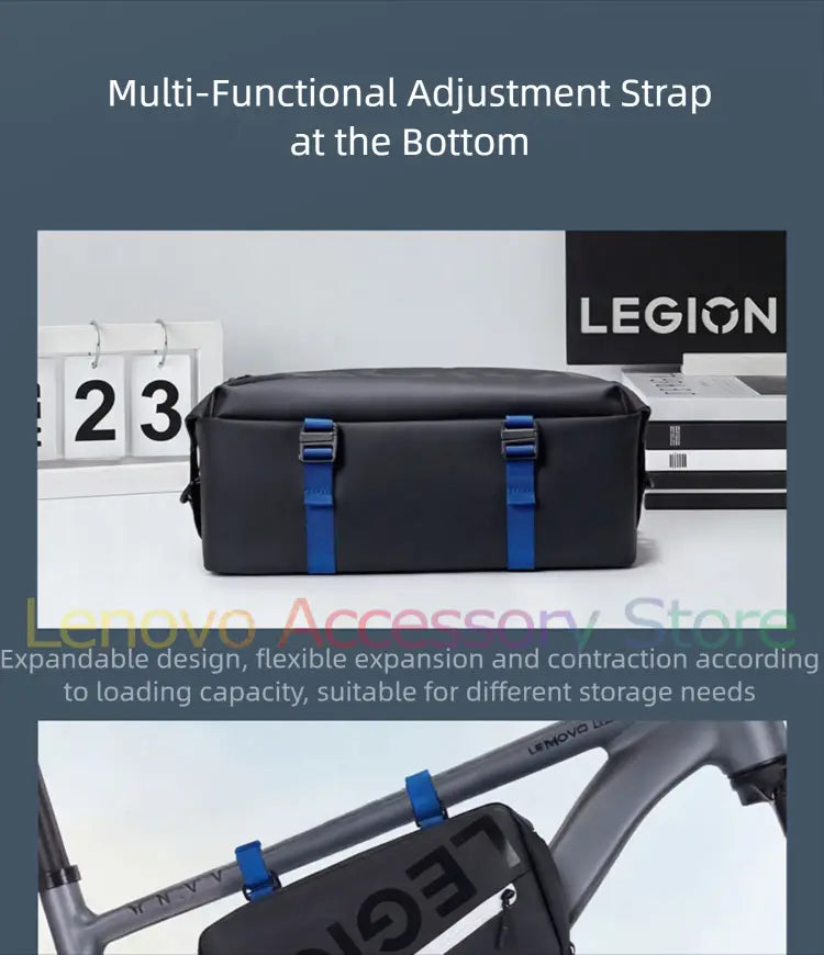 black rectangular Lenovo Legion tablet waterproof messenger bag with blue adjustable straps and a multi-functional adjustment strap at the bottom designed for Lenovo tab users.
