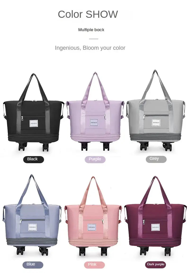 Un sac duffel compact roulant pliable à grande capacité, conçu comme un sac à dos de voyage, avec deux poignées et une poche avant à fermeture éclair, disponible en six couleurs : noir, violet, gris, bleu, rose et violet foncé.