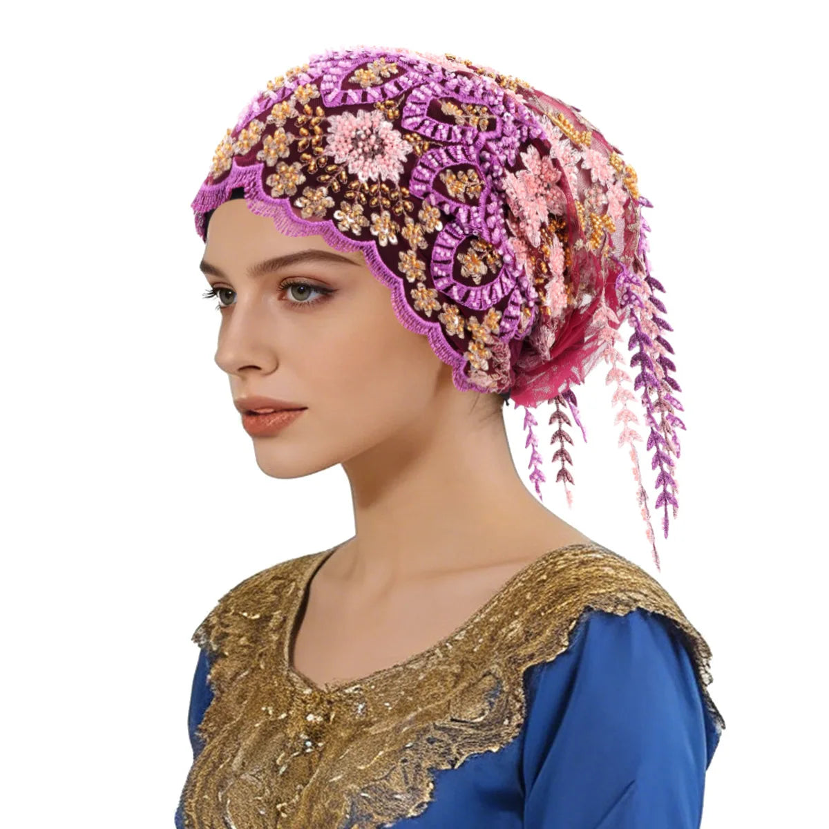 New Ethnic Tassel Headscarf Beaded Embroidery Turban Luxury Tassel Bonnet Women Muslim Hijab Lace Wedding Party Headwear Beanies