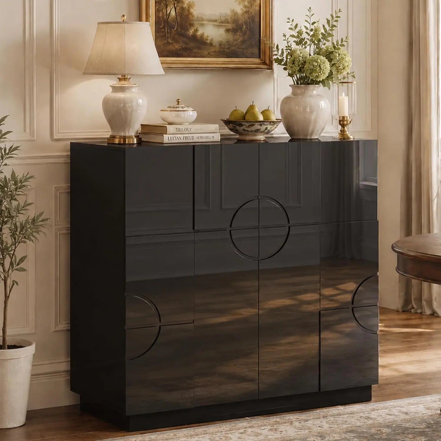 Glanzschwarzes Akzent-Schrankmöbel, Holz-Anrichte, mit glänzendem Finish und kreisförmigem Aussparungs-Panel-Design, mit verstellbaren Einlegeböden als Schrankmerkmale
