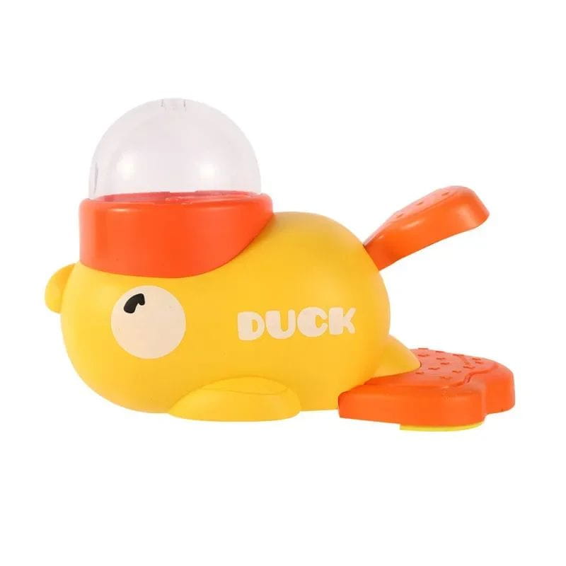 オレンジ色のアクセントと、頭部に「duck」の文字が白色の書体で入った透明なドームを備えた、インタラクティブな黄色いゴム製アヒル犬のおもちゃのプラスチックフィーダー。中華本土で製造された人気の玩具タイプです。